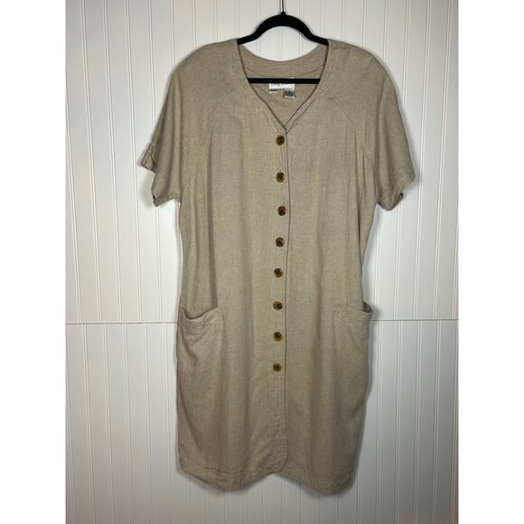 Betsy Lauren VTG Linen Rayon Tan button up Knee Length Dress Women Size 18 - Picture 9 of 10